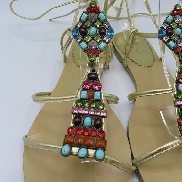Express Womens 9 Lace Up Gladiator Flat Sandals Multicolor Rhinestone Gems Gold - Picture 3 of 9
